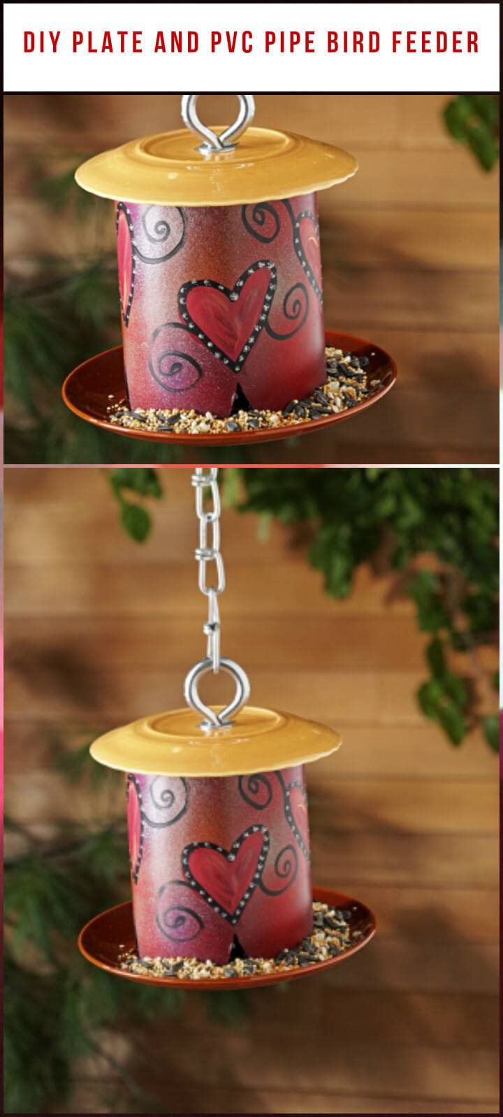 old plate and PVC pipe bird feeder